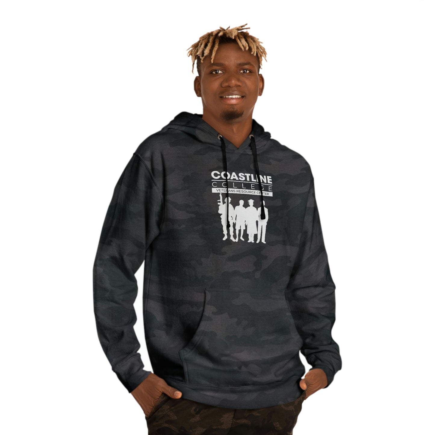 Coastline Veterans Resource Center Black Camo Unisex Hooded Sweatshirt - Front Logo